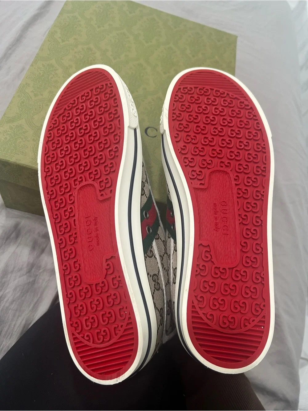 Gucci Men’s GG Canvas High-Top Sneakers in Brown with Green & Red Stripe